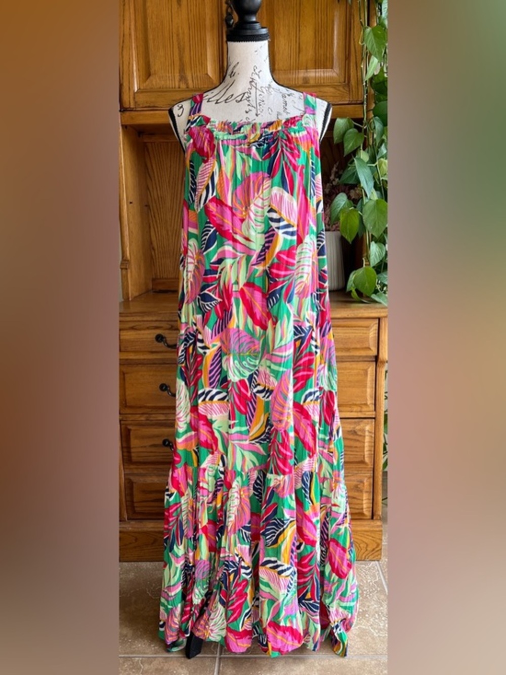 Goa‎ Beachwear by Japna Womens Large Tropical Leaf Print Rayon Maxi Dress Pink L